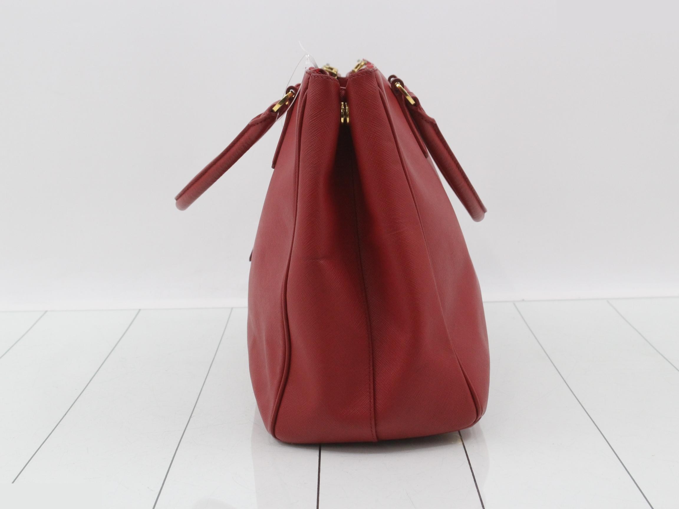 Triangle Logo Handbag, Red, Saffiano Leather — view 3