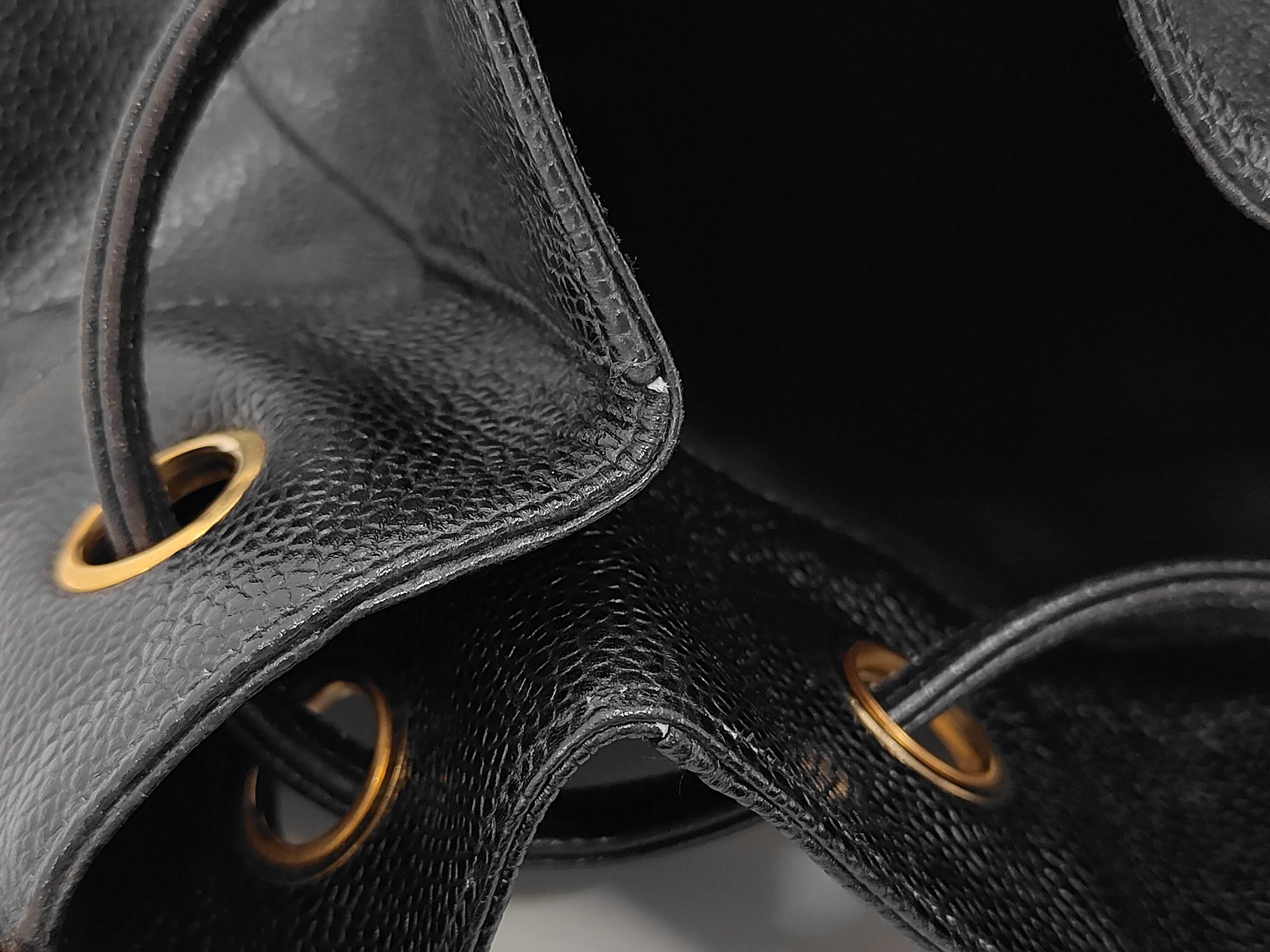 Vintage Drawstring Shoulder Bag, Black Leather Caviar Skin — view 11