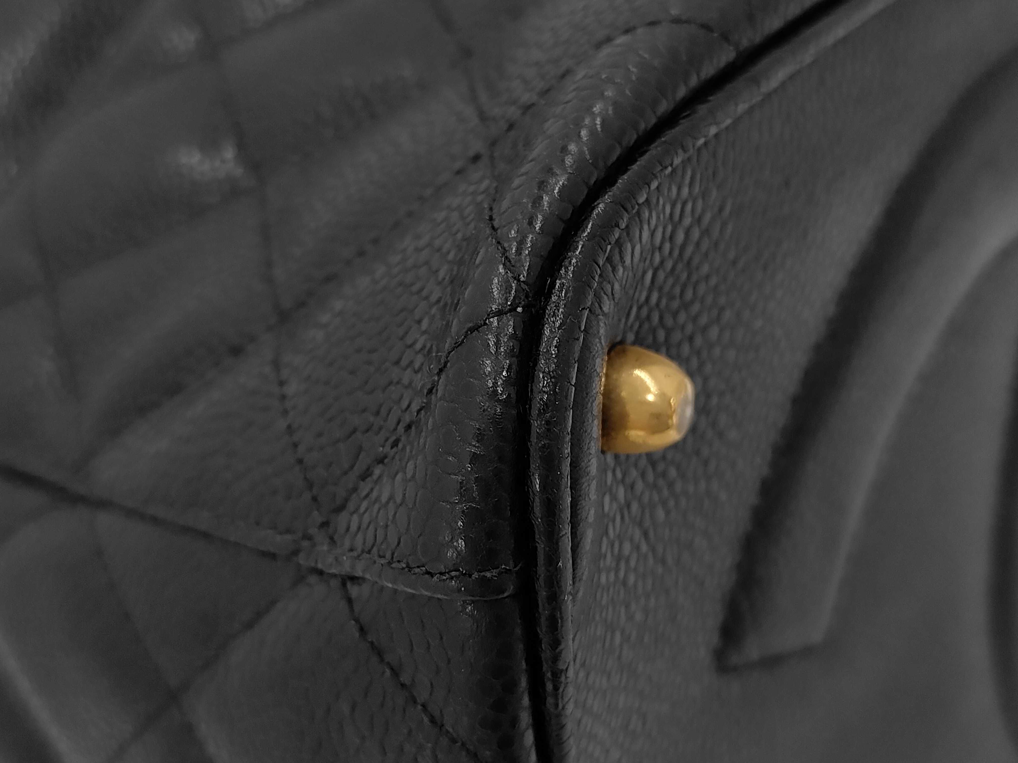 Vintage Drawstring Shoulder Bag, Black Leather Caviar Skin — view 3
