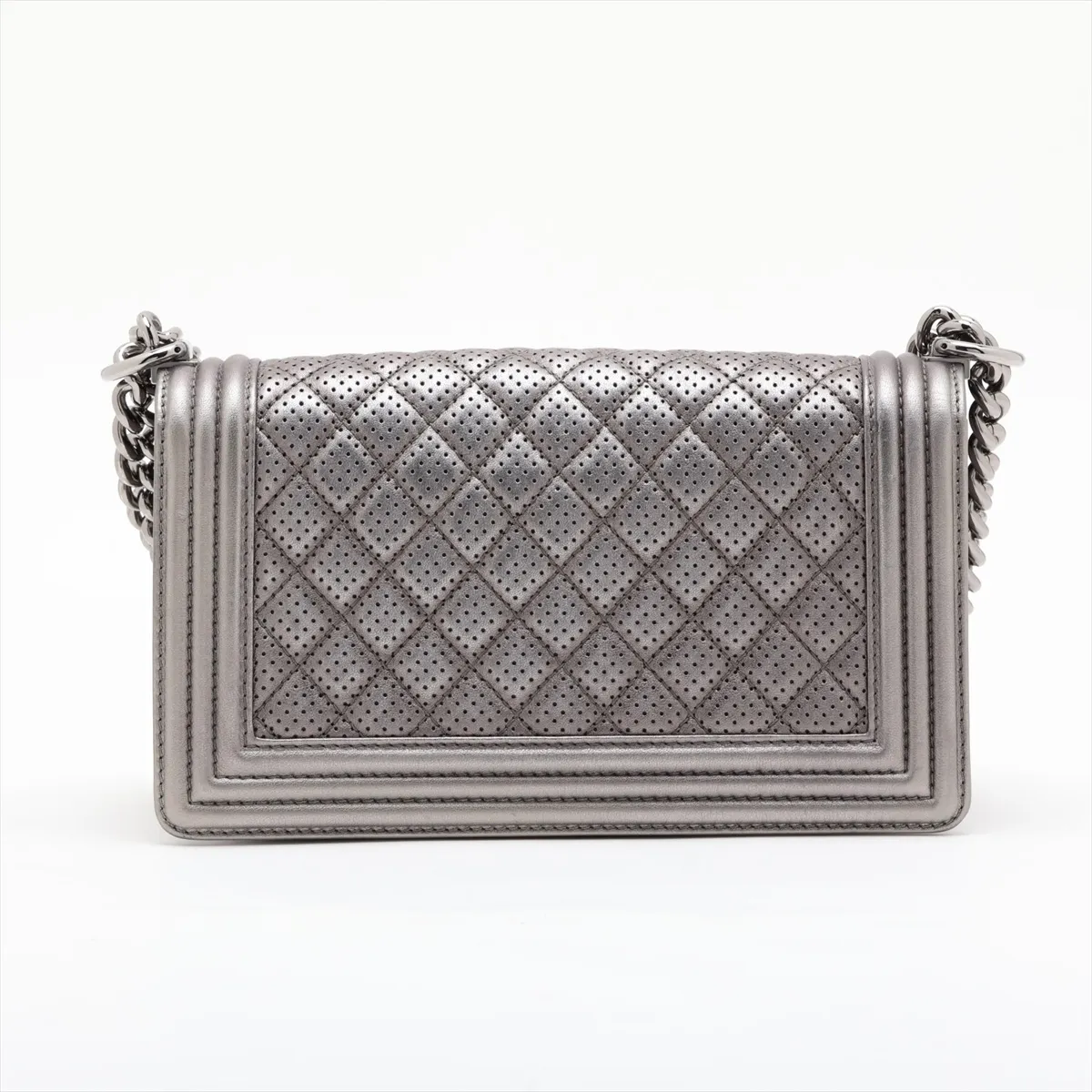 Boy Chanel 25 Perforated Leather Chain Shoulder Bag, Silver, Silver Hardware, 18914648, Serial Number 18-series, A67086 — view 2