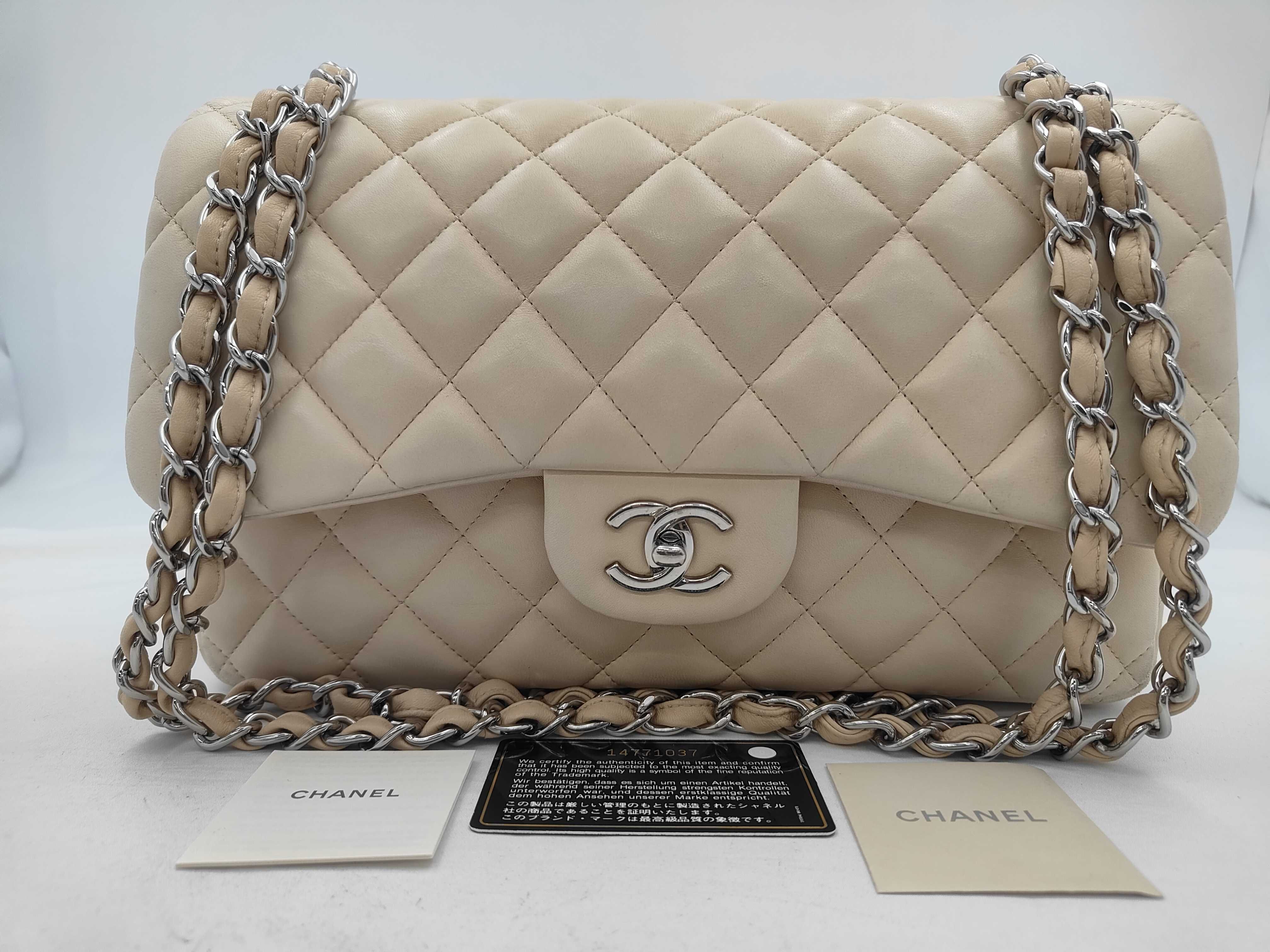 Large Matelassé Double Flap Leather Beige Silver Hardware A58600 14771037 Chain Shoulder Bag