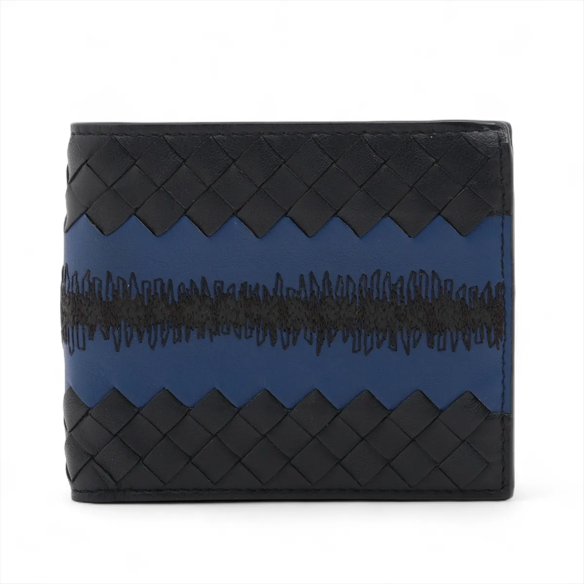 Intrecciato Leather Compact Wallet, Black x Navy