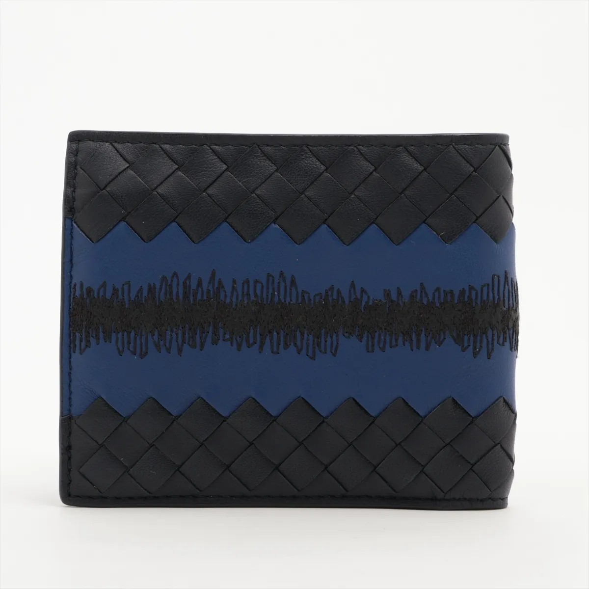 Intrecciato Leather Compact Wallet, Black x Navy — view 2