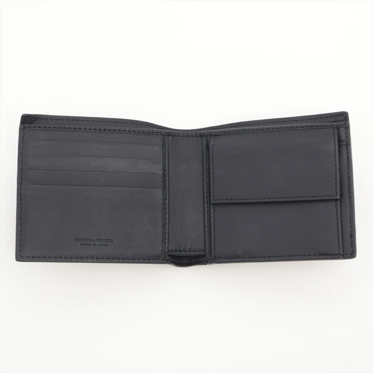 Intrecciato Leather Compact Wallet, Black x Navy — view 3