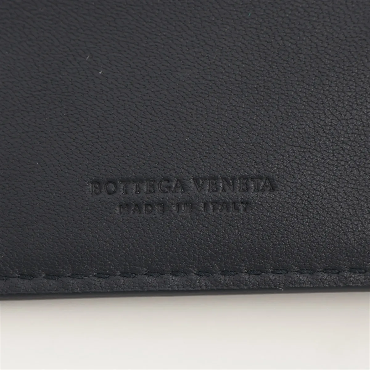Intrecciato Leather Compact Wallet, Black x Navy — view 7