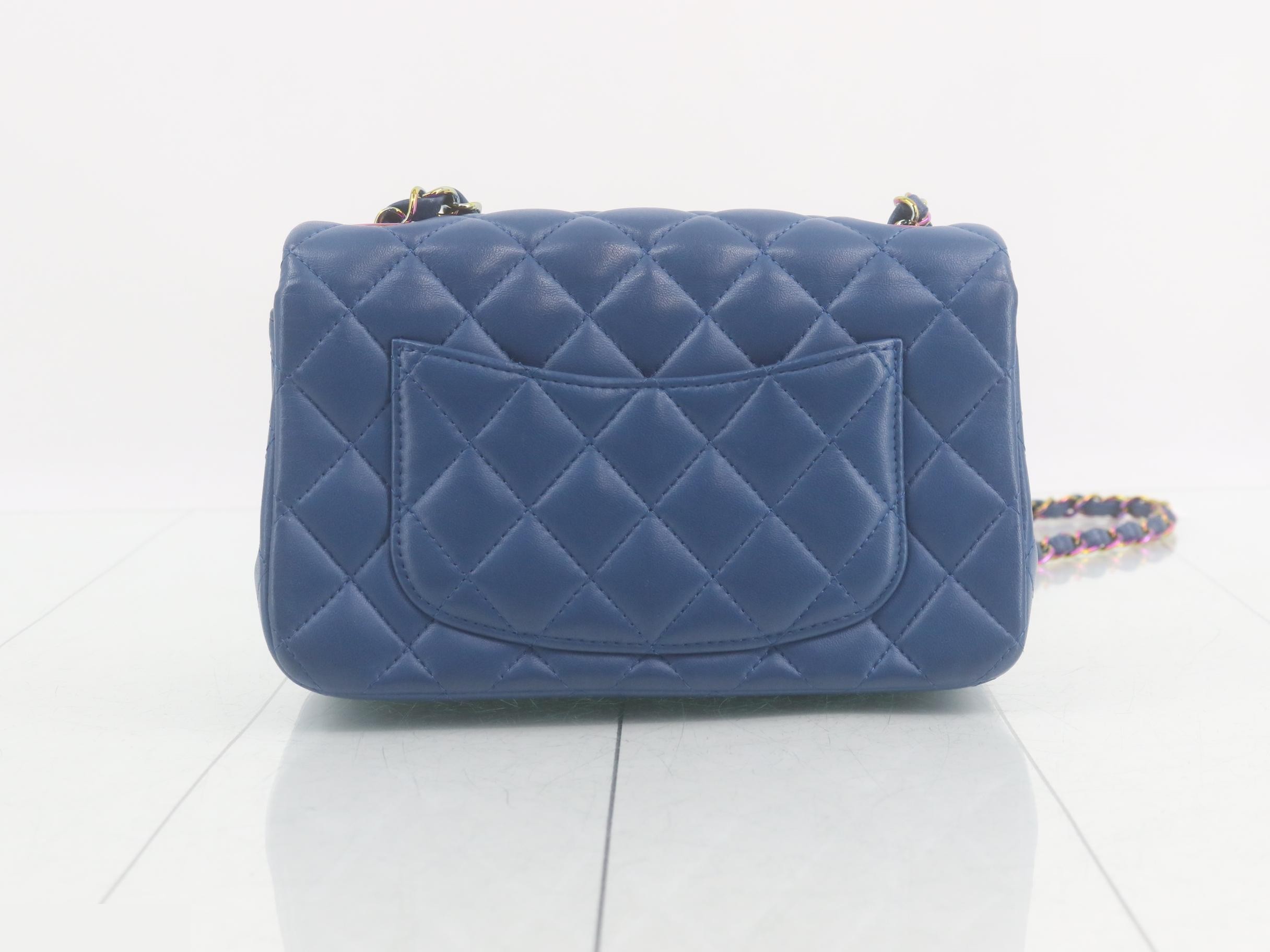 Matelassé lambskin chain shoulder bag, blue — view 2