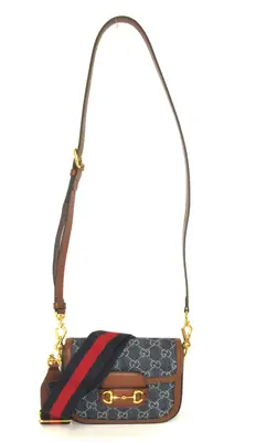 New Denim GG Monogram Dollar Calfskin Web Mini Horsebit 1955 Shoulder Bag Blue Tea Cuir Epilog