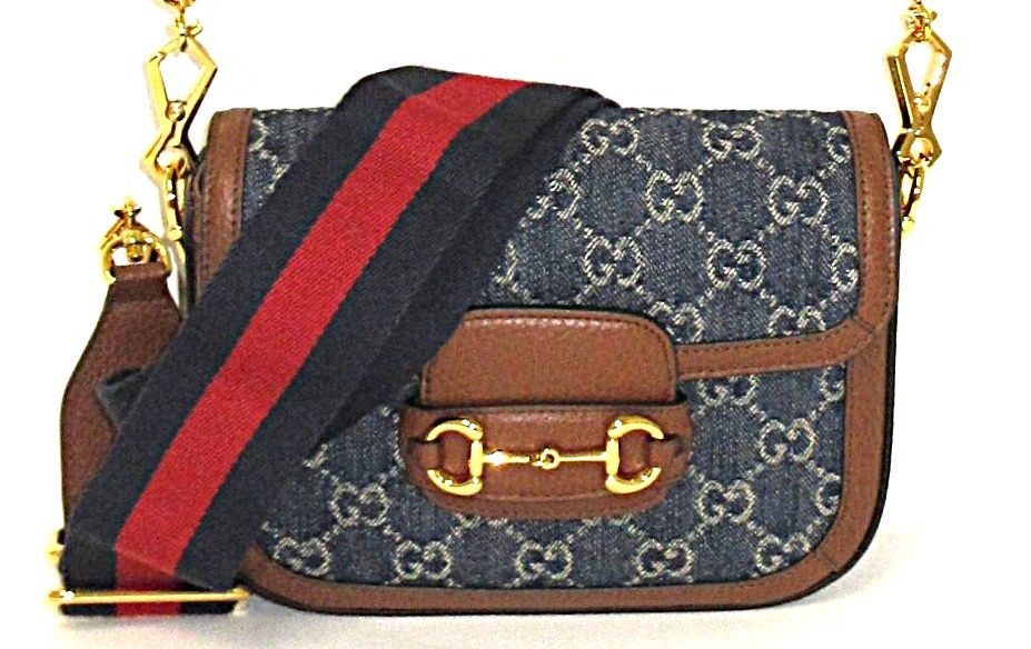 New Denim GG Monogram Dollar Calfskin Web Mini Horsebit 1955 Shoulder Bag Blue Tea Cuir Epilog — view 2