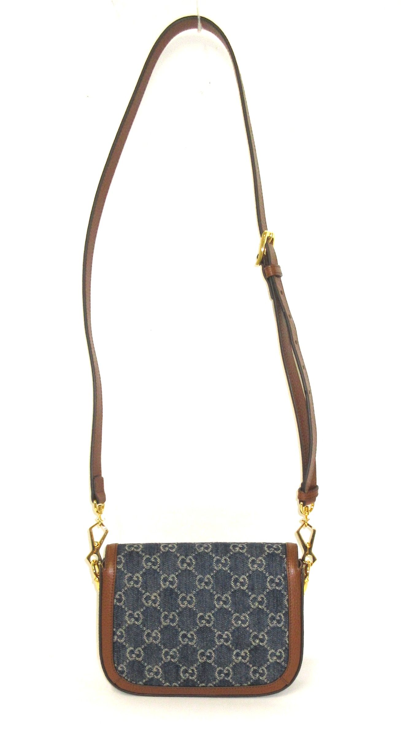 New Denim GG Monogram Dollar Calfskin Web Mini Horsebit 1955 Shoulder Bag Blue Tea Cuir Epilog — view 3