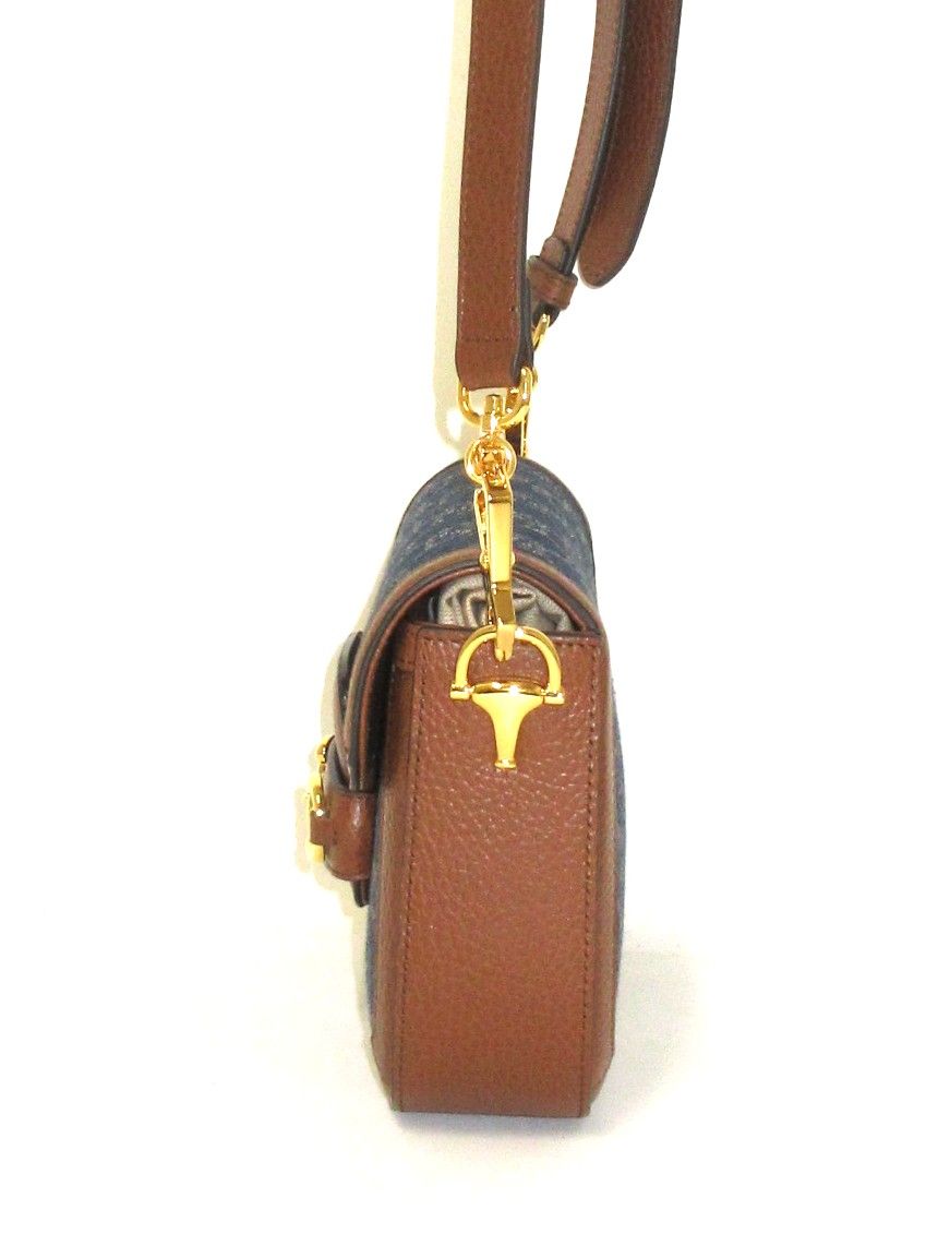 New Denim GG Monogram Dollar Calfskin Web Mini Horsebit 1955 Shoulder Bag Blue Tea Cuir Epilog — view 4
