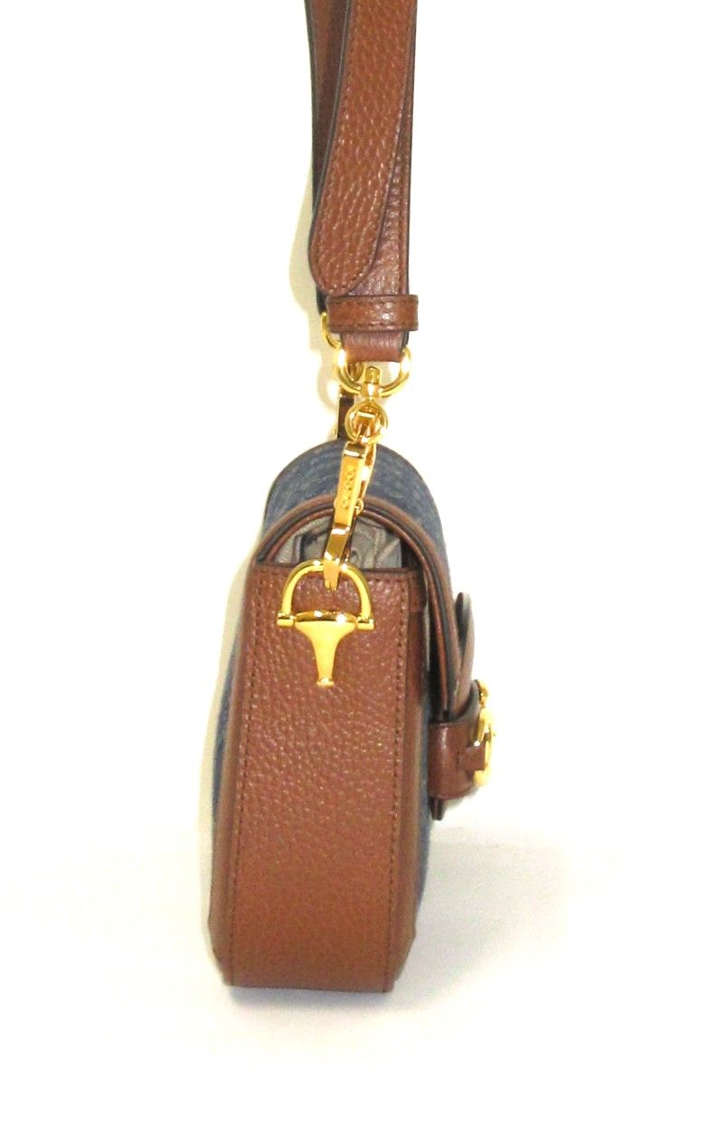 New Denim GG Monogram Dollar Calfskin Web Mini Horsebit 1955 Shoulder Bag Blue Tea Cuir Epilog — view 5