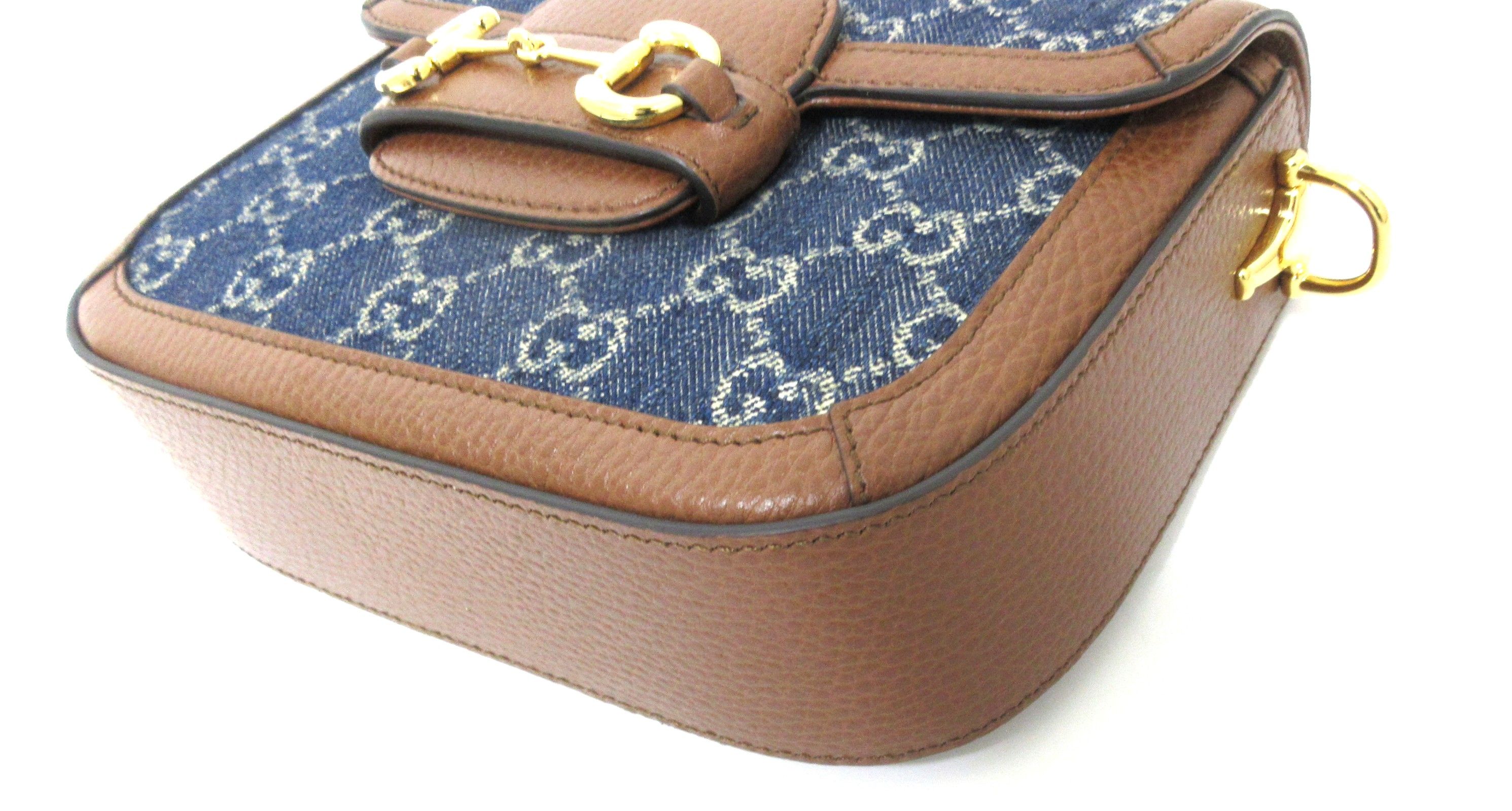 New Denim GG Monogram Dollar Calfskin Web Mini Horsebit 1955 Shoulder Bag Blue Tea Cuir Epilog — view 6