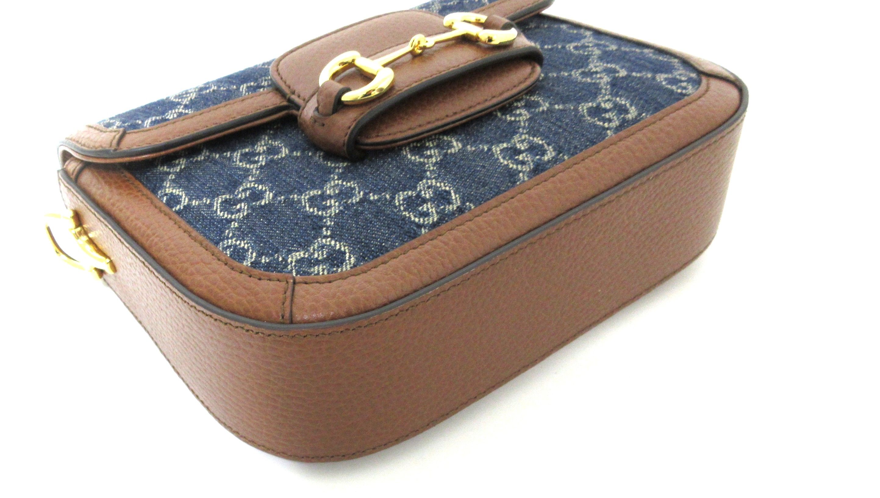 New Denim GG Monogram Dollar Calfskin Web Mini Horsebit 1955 Shoulder Bag Blue Tea Cuir Epilog — view 7