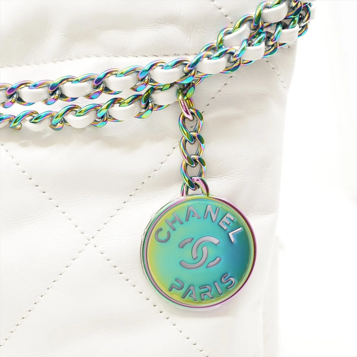 22 Mini Shiny Calfskin Shoulder Bag, White with Rainbow Hardware, GC1P7KJ7, with dust bag and unopened charm. — view 3