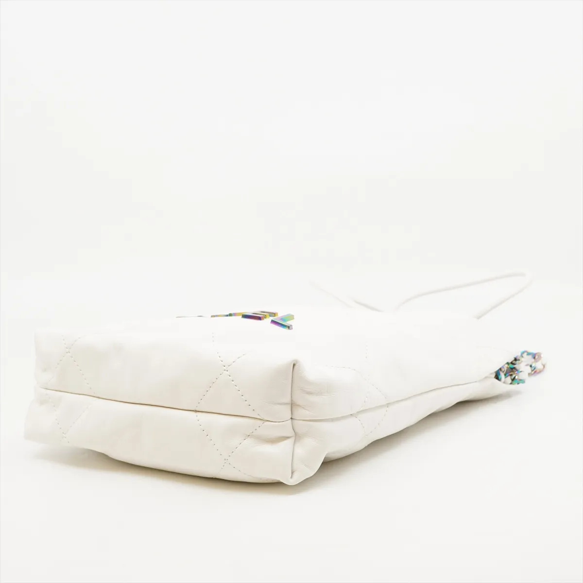 22 Mini Shiny Calfskin Shoulder Bag, White with Rainbow Hardware, GC1P7KJ7, with dust bag and unopened charm. — view 4