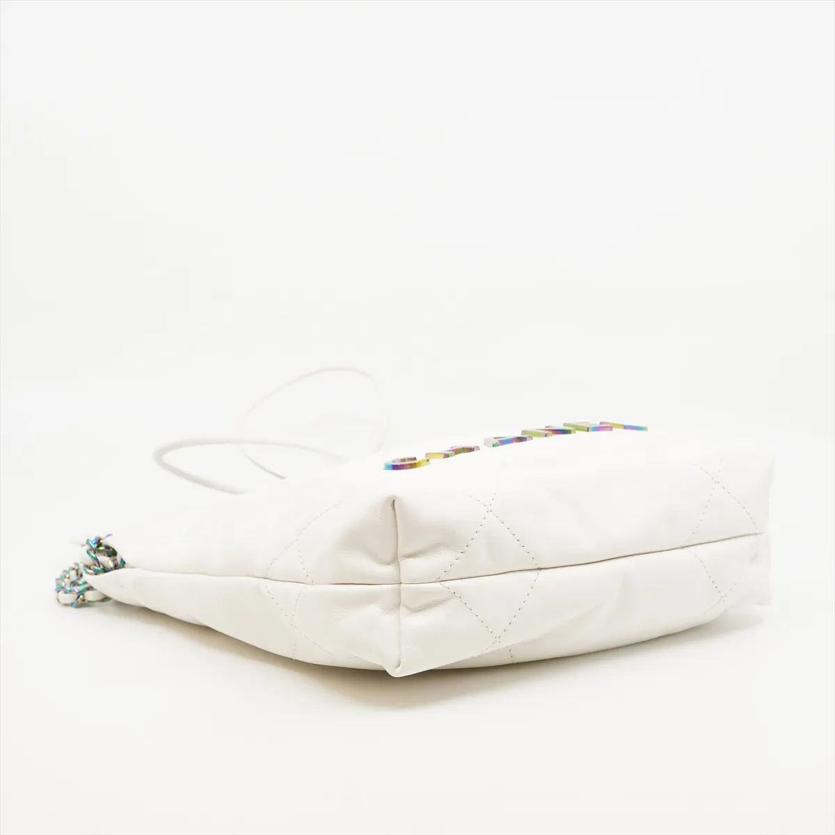 22 Mini Shiny Calfskin Shoulder Bag, White with Rainbow Hardware, GC1P7KJ7, with dust bag and unopened charm. — view 5