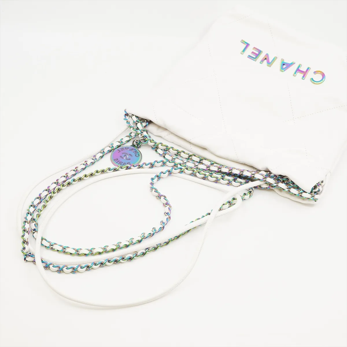 22 Mini Shiny Calfskin Shoulder Bag, White with Rainbow Hardware, GC1P7KJ7, with dust bag and unopened charm. — view 6