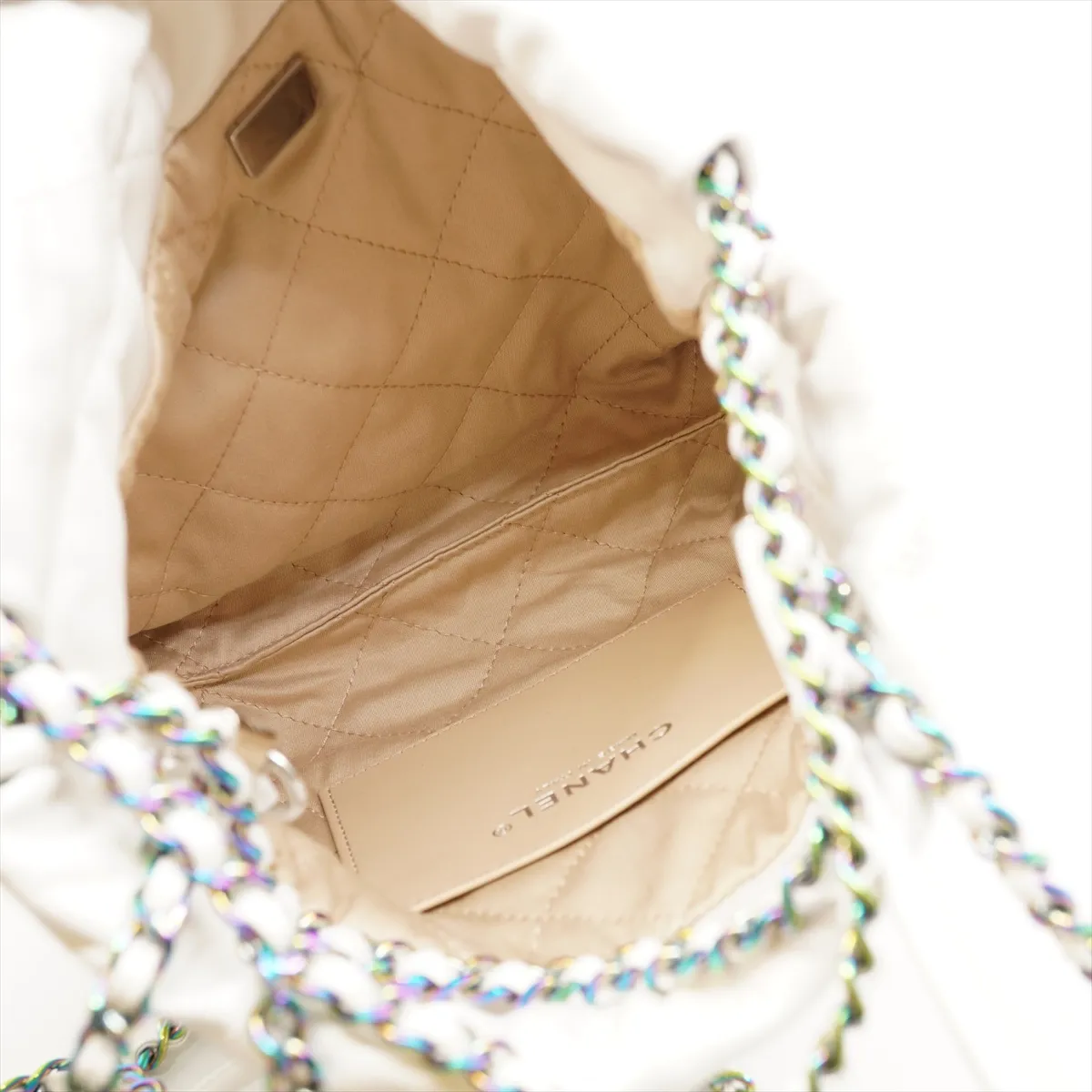 22 Mini Shiny Calfskin Shoulder Bag, White with Rainbow Hardware, GC1P7KJ7, with dust bag and unopened charm. — view 8
