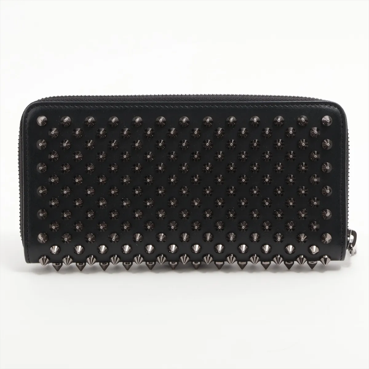 Panettone Rockstud Spike Leather Round Zip Wallet Black x Red — view 2