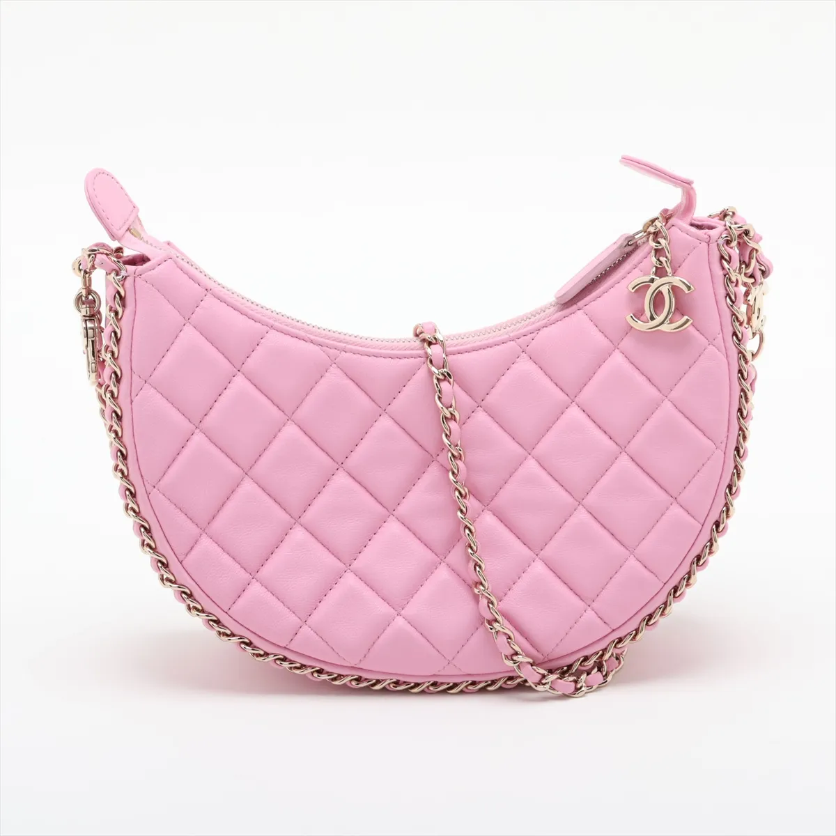 Matelassé Lambskin Chain Shoulder Bag Hobo, Pink with Gold Hardware, GAX74T30, Random Plate, AS3917