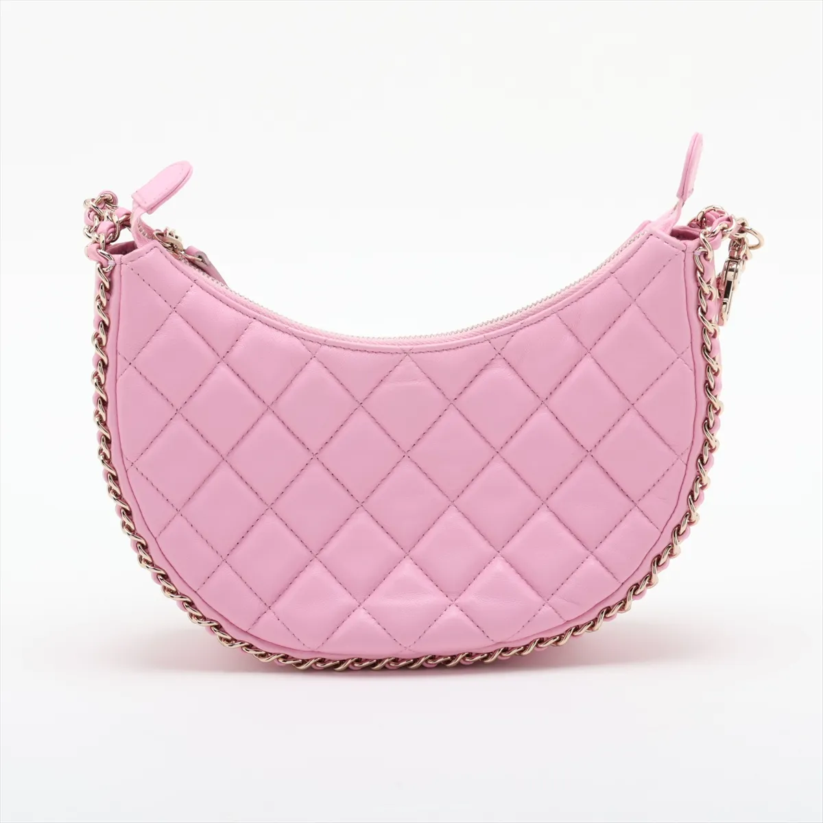 Matelassé Lambskin Chain Shoulder Bag Hobo, Pink with Gold Hardware, GAX74T30, Random Plate, AS3917 — view 2