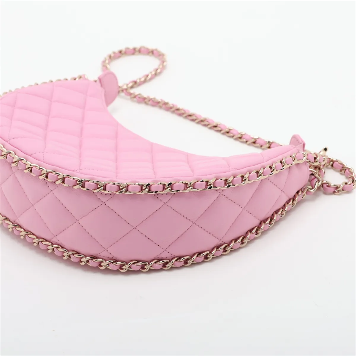 Matelassé Lambskin Chain Shoulder Bag Hobo, Pink with Gold Hardware, GAX74T30, Random Plate, AS3917 — view 3