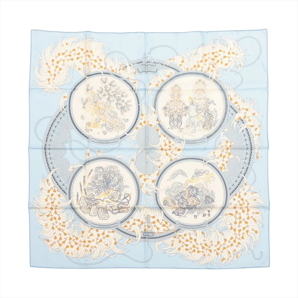 Carre 90 Legende Brodee embroidered scarf, silk, light blue, some wear and pilling.