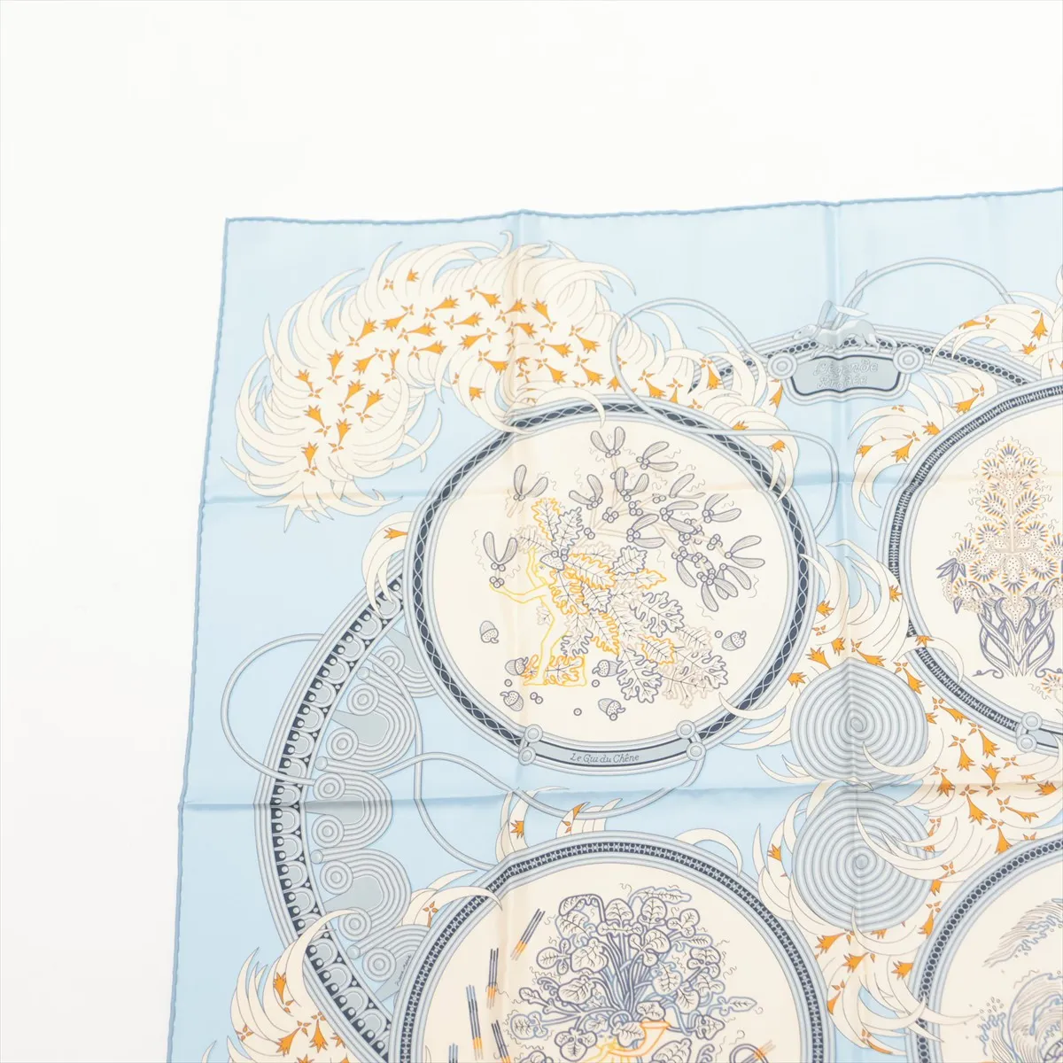 Carre 90 Legende Brodee embroidered scarf, silk, light blue, some wear and pilling. — view 2
