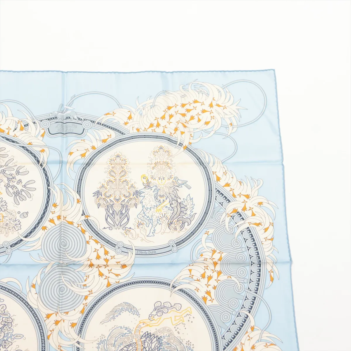 Carre 90 Legende Brodee embroidered scarf, silk, light blue, some wear and pilling. — view 3