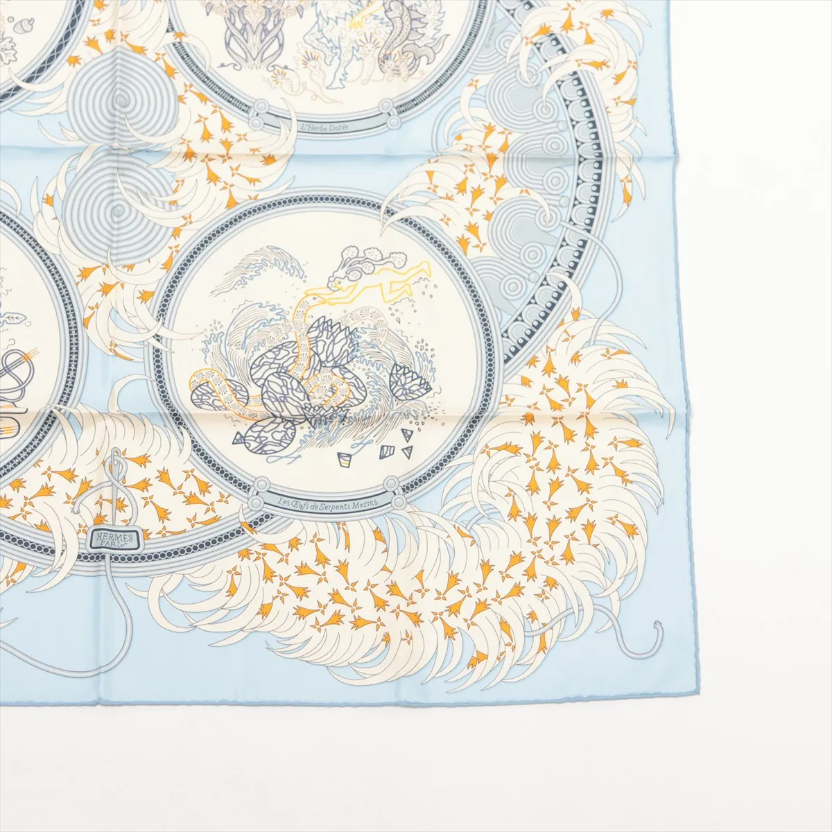 Carre 90 Legende Brodee embroidered scarf, silk, light blue, some wear and pilling. — view 4