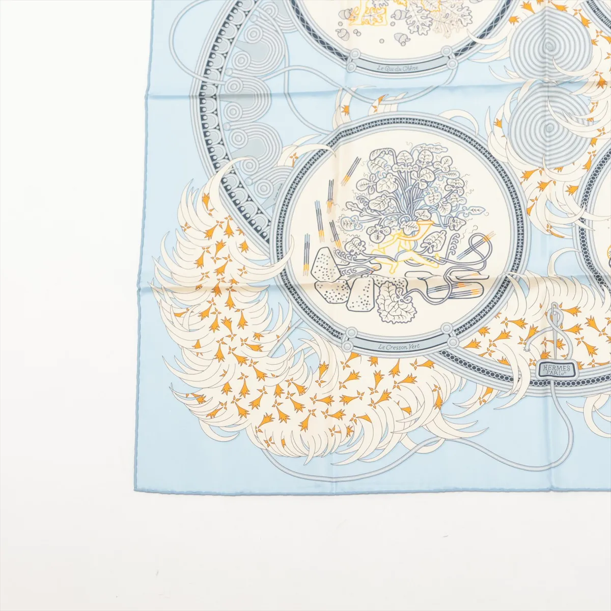 Carre 90 Legende Brodee embroidered scarf, silk, light blue, some wear and pilling. — view 5