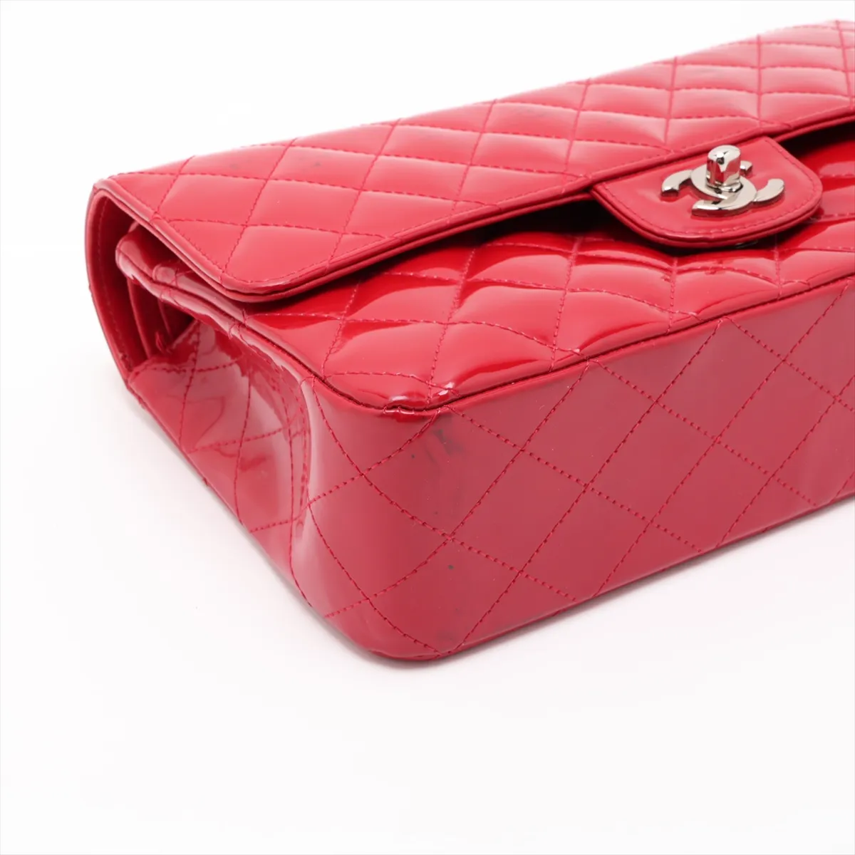 Matelassé 25 Patent Leather Double Flap Double Chain Bag, Red, Silver Hardware, 13255483, Serial Number 13-series, A01112 — view 4