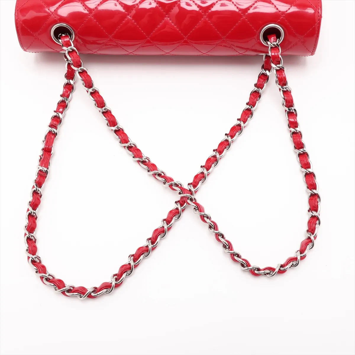 Matelassé 25 Patent Leather Double Flap Double Chain Bag, Red, Silver Hardware, 13255483, Serial Number 13-series, A01112 — view 5