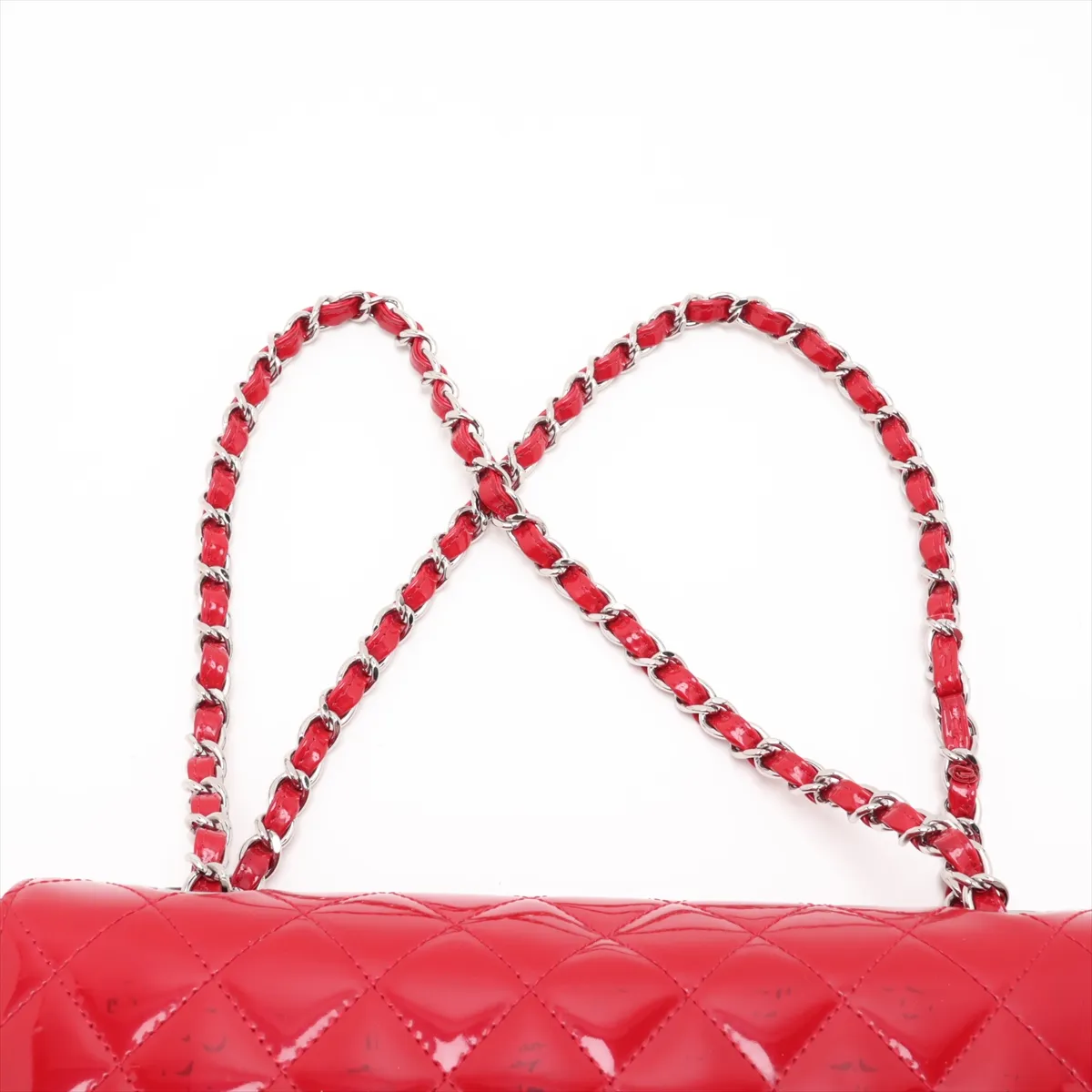 Matelassé 25 Patent Leather Double Flap Double Chain Bag, Red, Silver Hardware, 13255483, Serial Number 13-series, A01112 — view 6