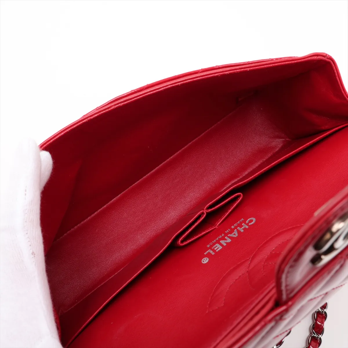 Matelassé 25 Patent Leather Double Flap Double Chain Bag, Red, Silver Hardware, 13255483, Serial Number 13-series, A01112 — view 7