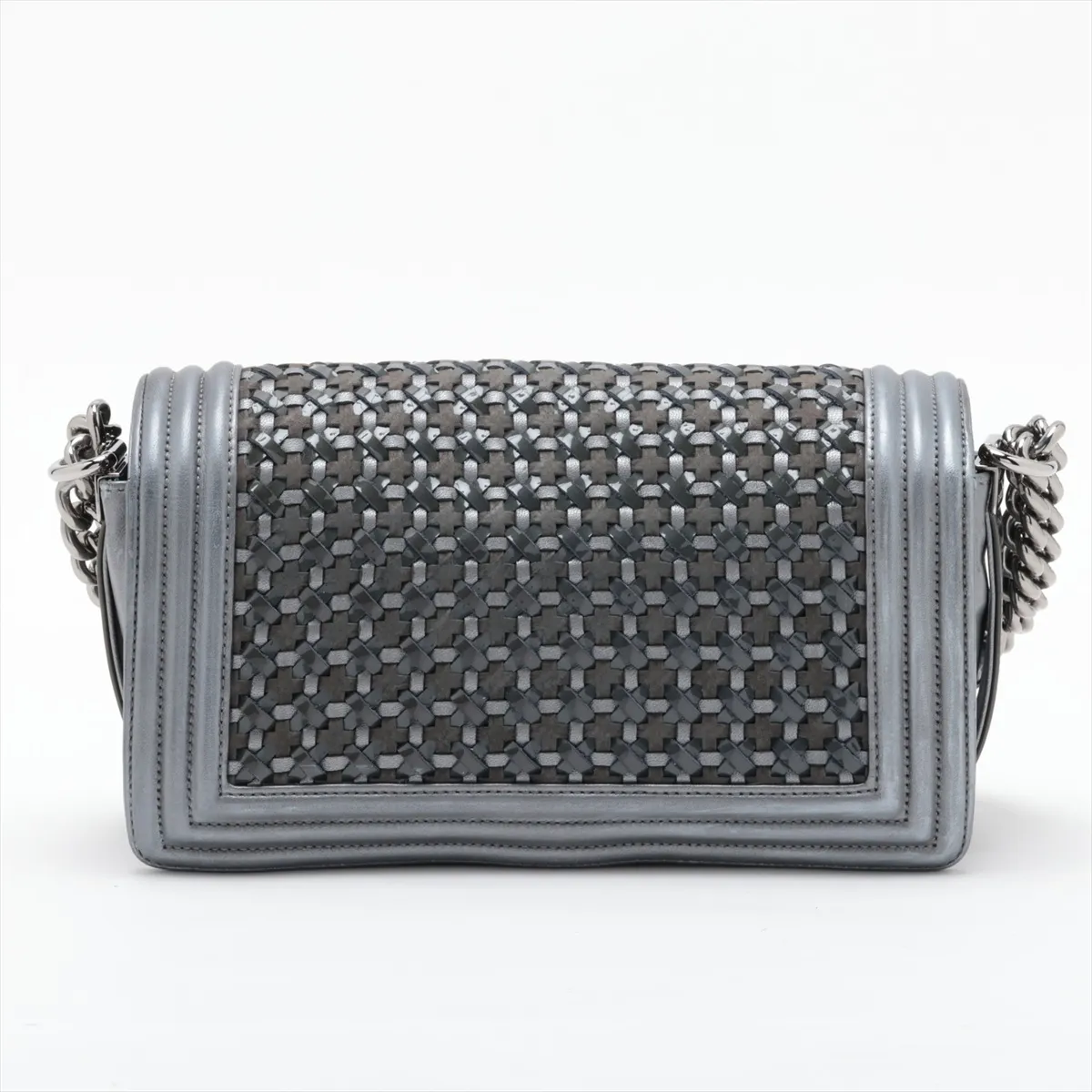 Boy Chanel 25 Leather x Patent Leather Chain Shoulder Bag, Silver x Gray, Silver Hardware, 20660294, Serial Number in the 20s, A67086 — view 2