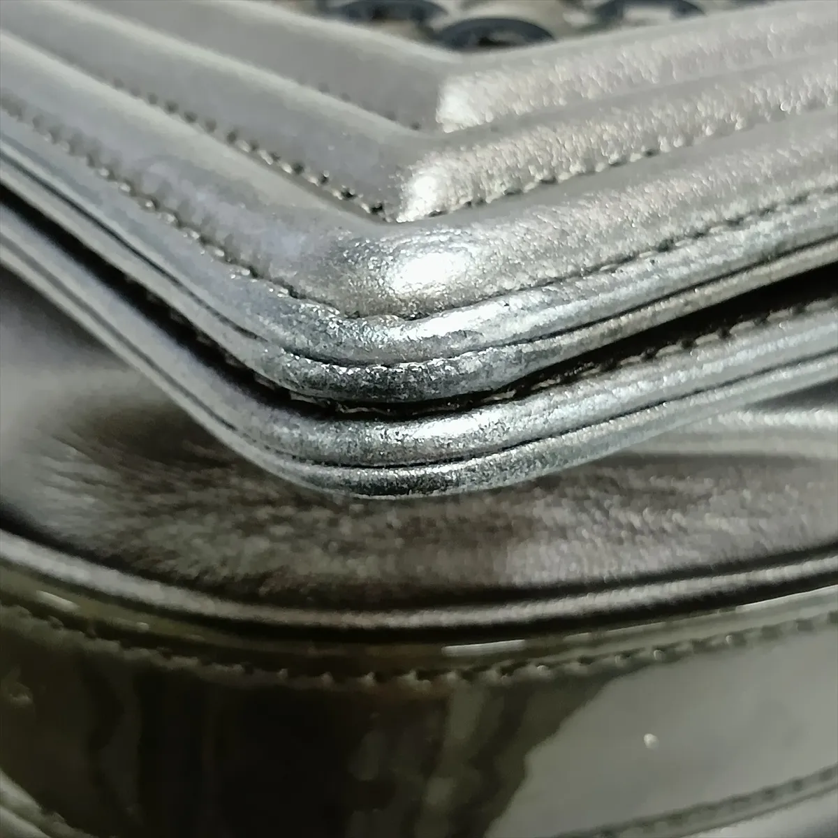 Boy Chanel 25 Leather x Patent Leather Chain Shoulder Bag, Silver x Gray, Silver Hardware, 20660294, Serial Number in the 20s, A67086 — view 12
