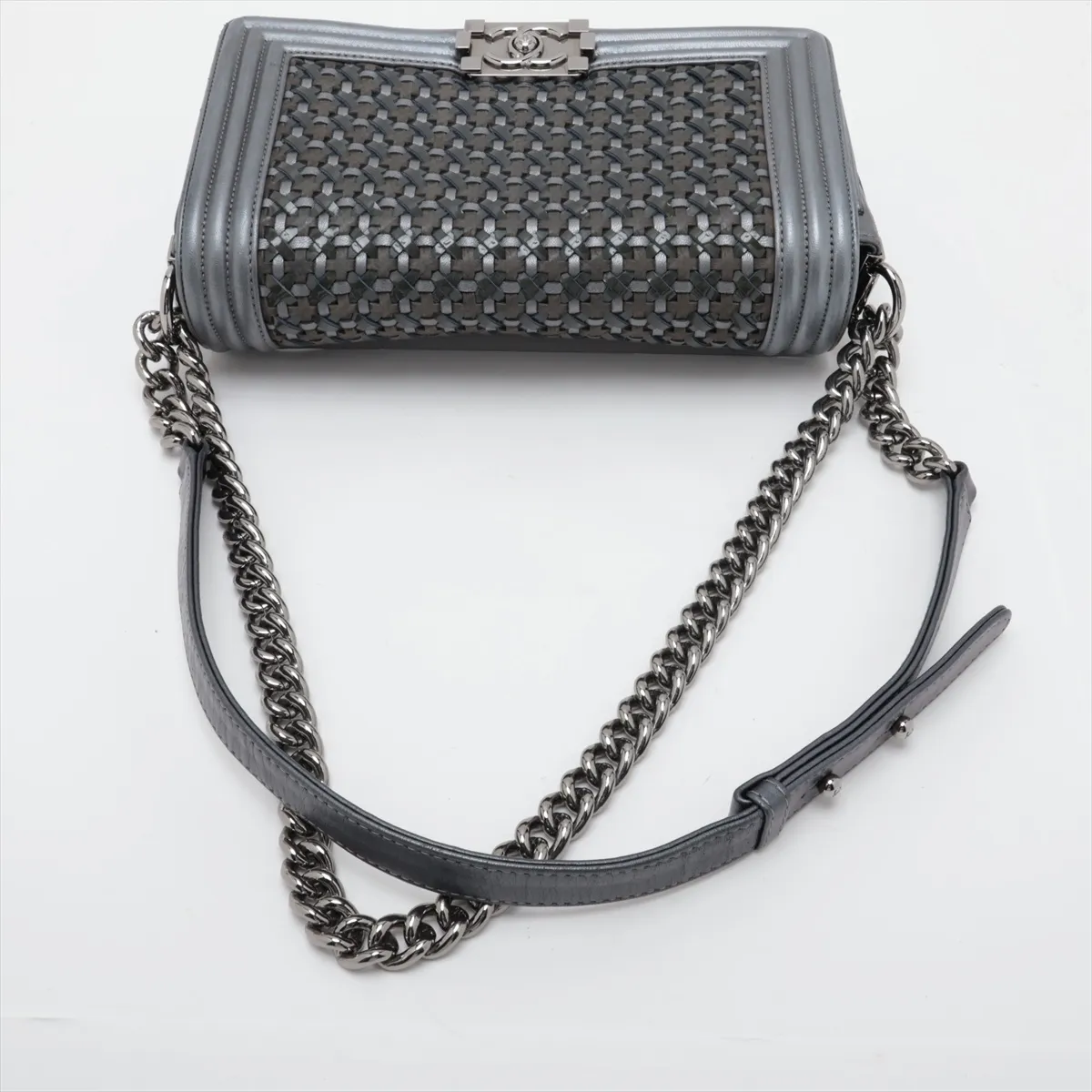 Boy Chanel 25 Leather x Patent Leather Chain Shoulder Bag, Silver x Gray, Silver Hardware, 20660294, Serial Number in the 20s, A67086 — view 5