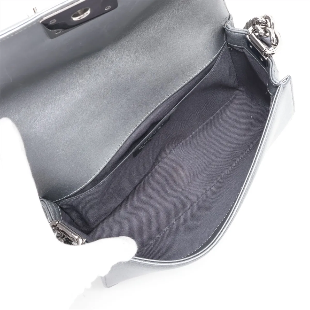Boy Chanel 25 Leather x Patent Leather Chain Shoulder Bag, Silver x Gray, Silver Hardware, 20660294, Serial Number in the 20s, A67086 — view 7