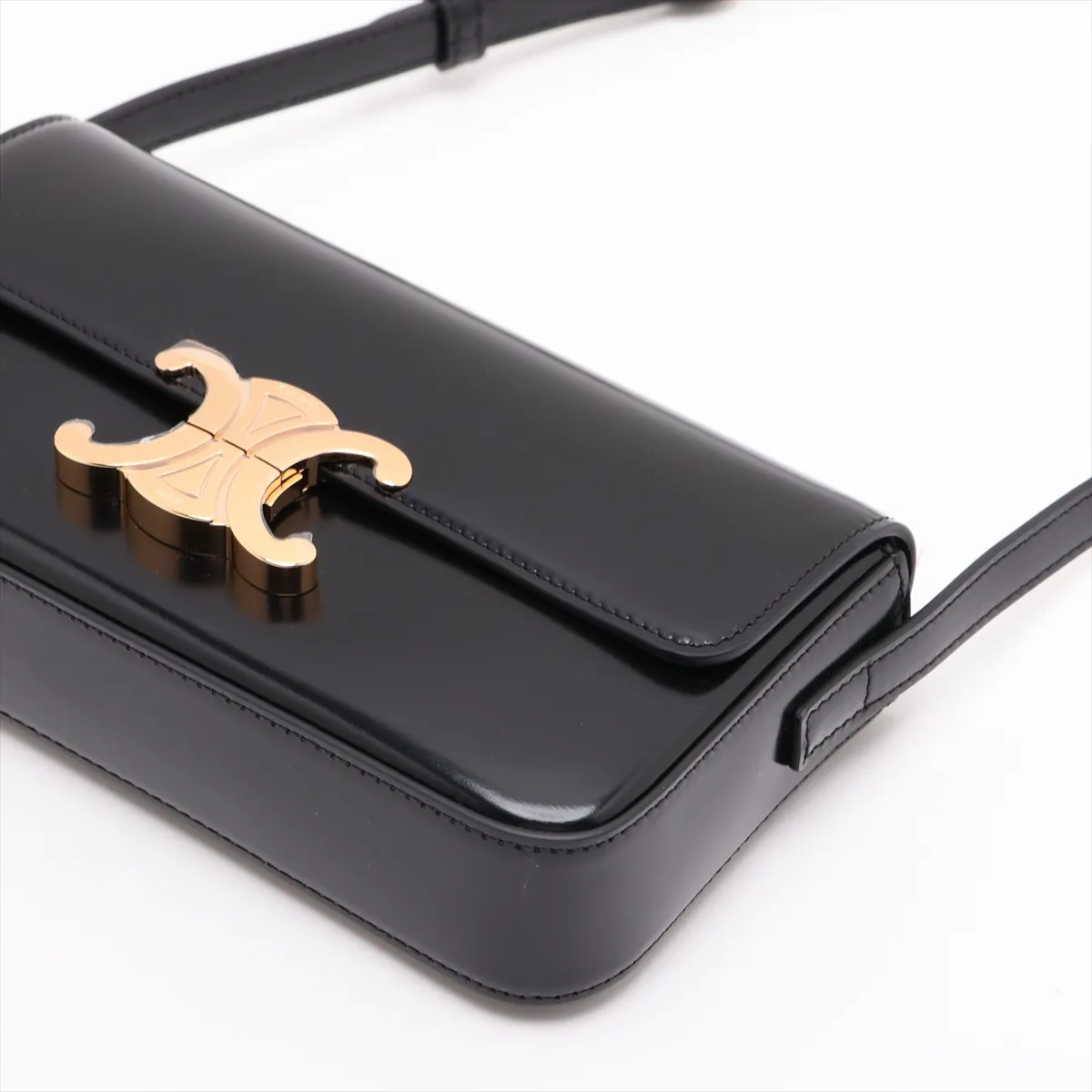 Triomphe Claude Leather Shoulder Bag, Black — view 3