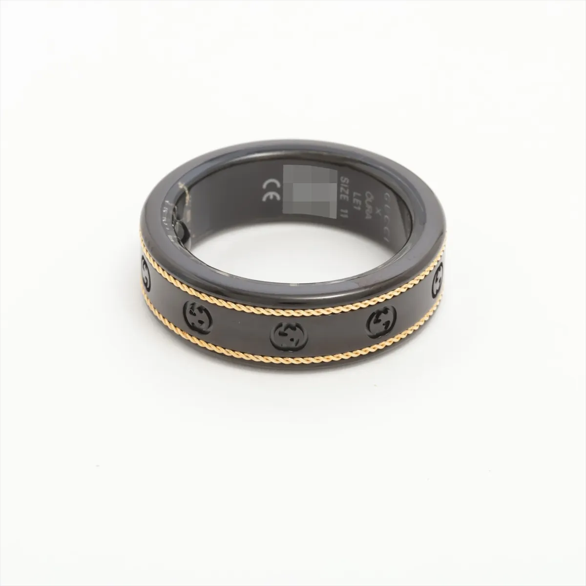 x Aura Interlocking G Ring, Size 11, Titanium, Black x Gold. Shows — view 2