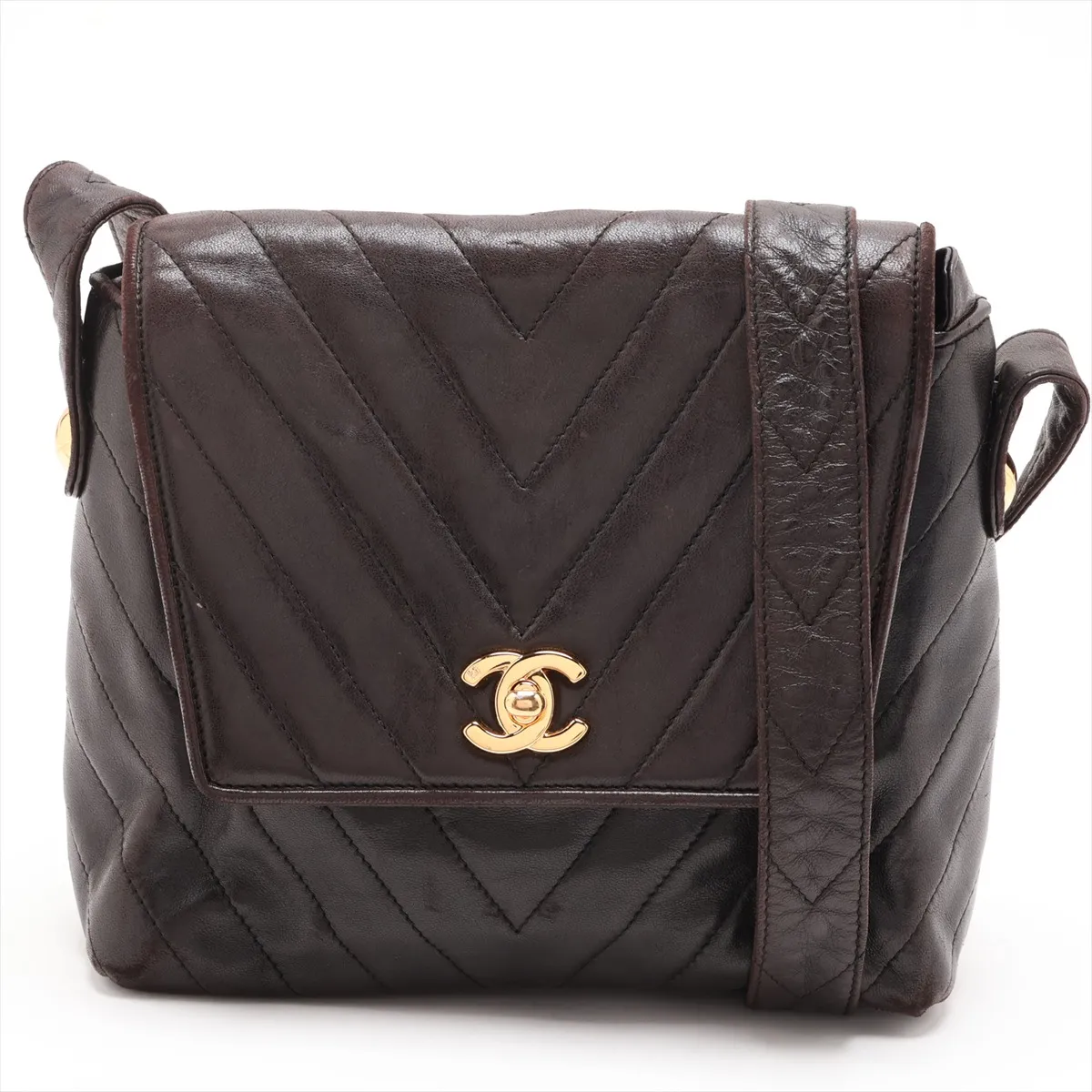 V-stitch lambskin shoulder bag, chevron pattern, black with gold hardware, 3179393, serial number 3.