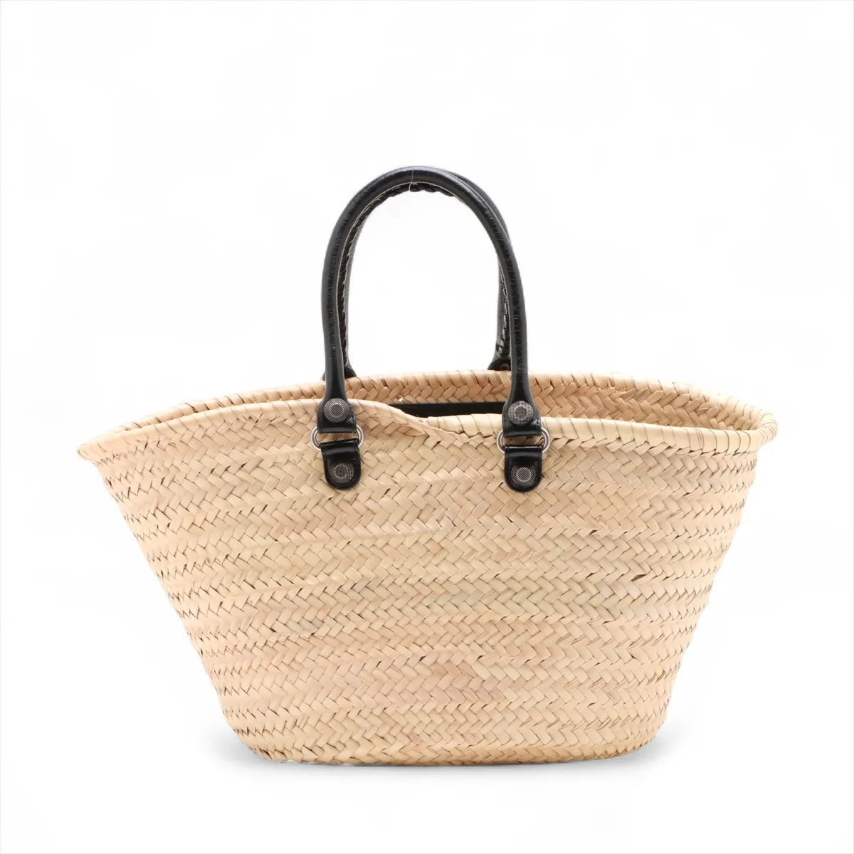 Lucagol Raffia x Leather Basket Bag, Beige x Black, 771067, with Mirror — view 2