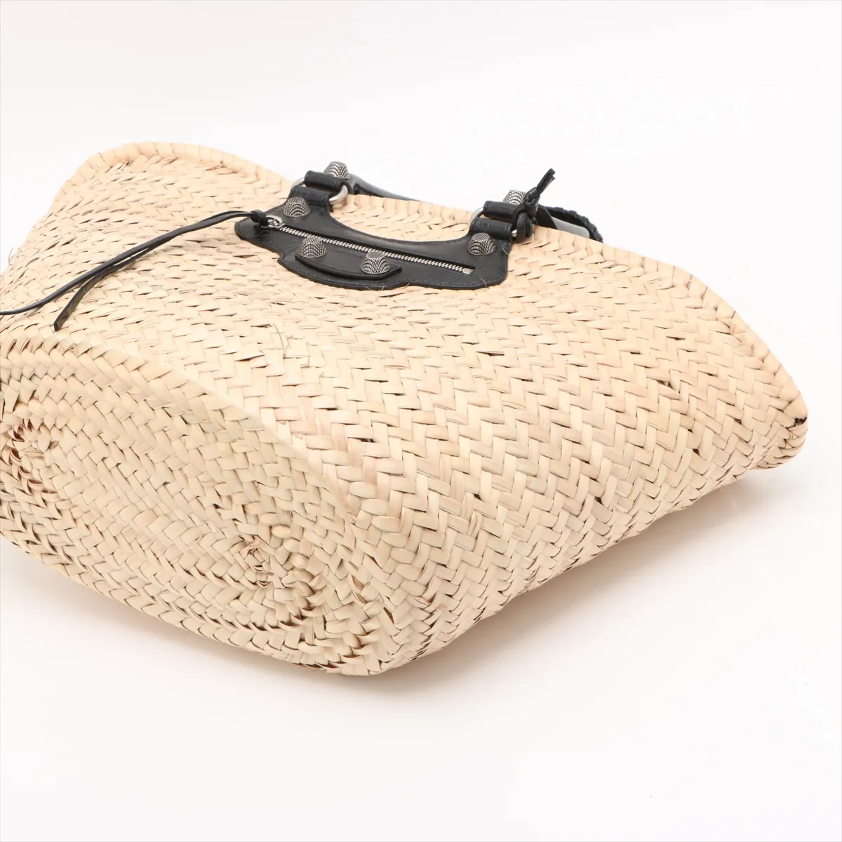 Lucagol Raffia x Leather Basket Bag, Beige x Black, 771067, with Mirror — view 3