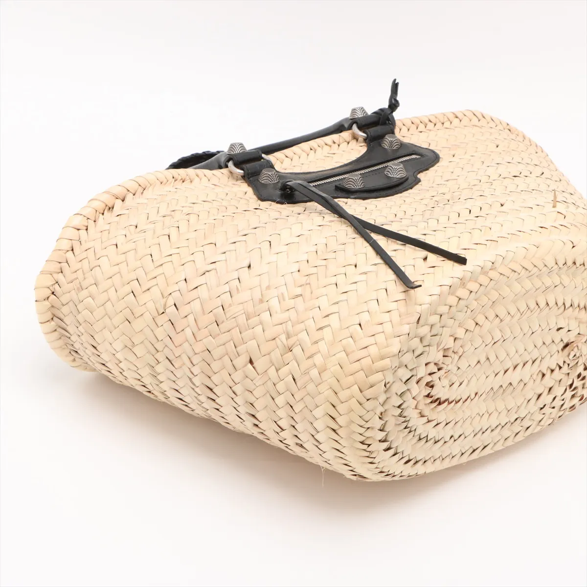 Lucagol Raffia x Leather Basket Bag, Beige x Black, 771067, with Mirror — view 4