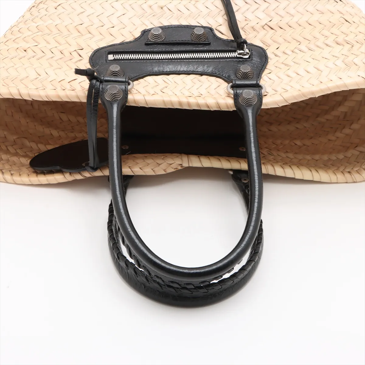 Lucagol Raffia x Leather Basket Bag, Beige x Black, 771067, with Mirror — view 5