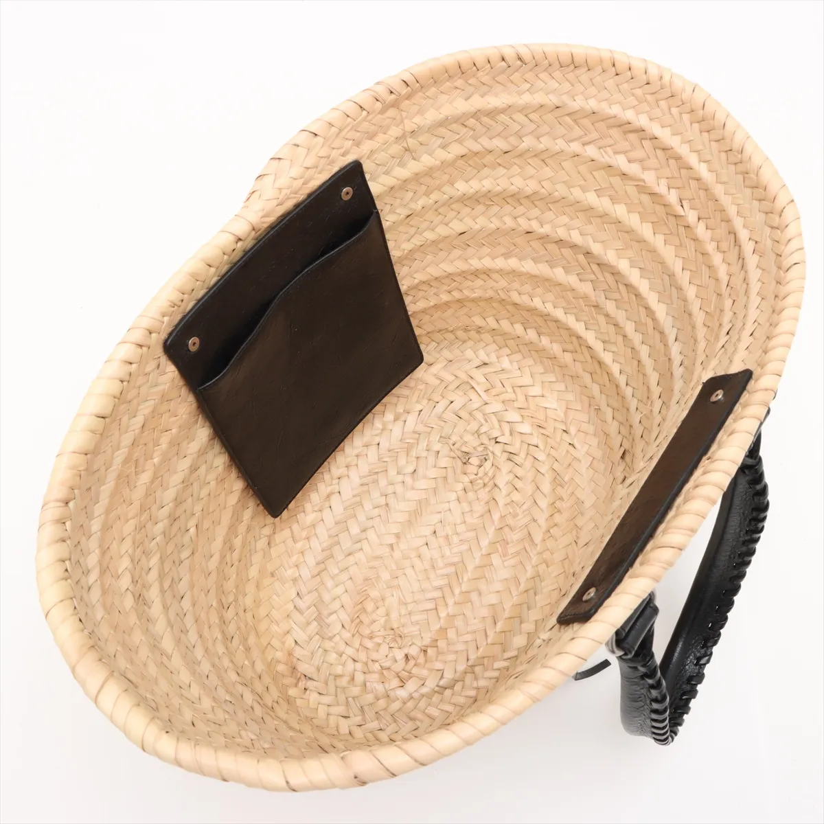 Lucagol Raffia x Leather Basket Bag, Beige x Black, 771067, with Mirror — view 7