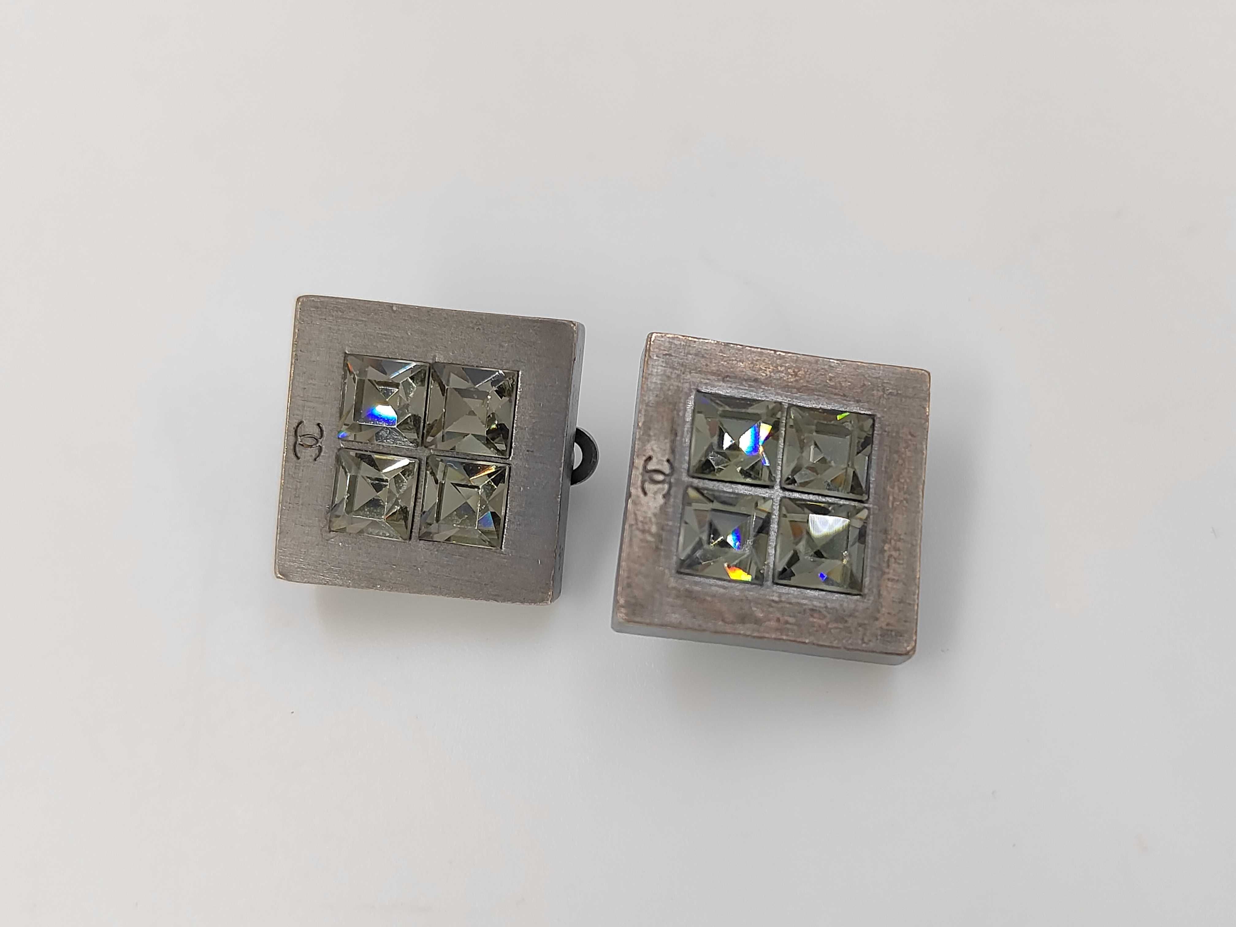 Silver Metal Square Coco Mark Rhinestone Earrings