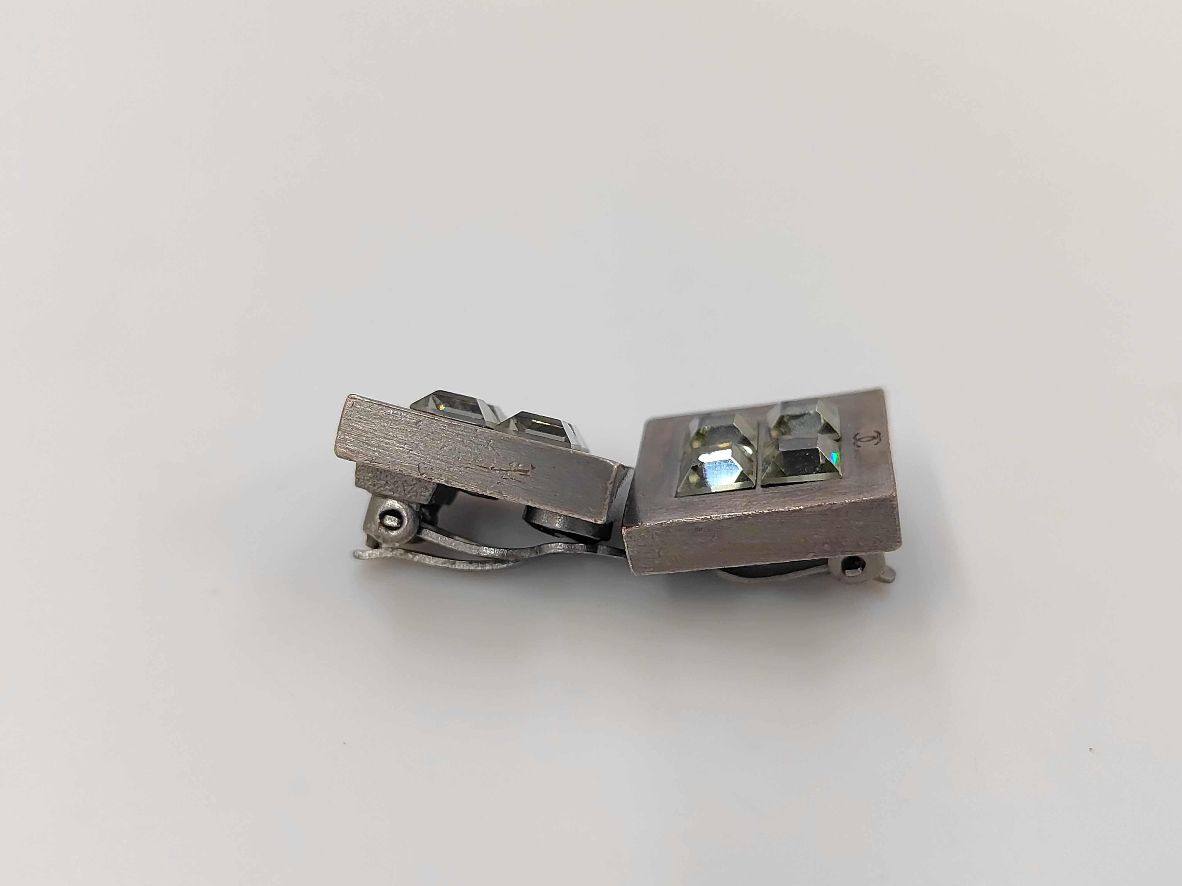 Silver Metal Square Coco Mark Rhinestone Earrings — view 3