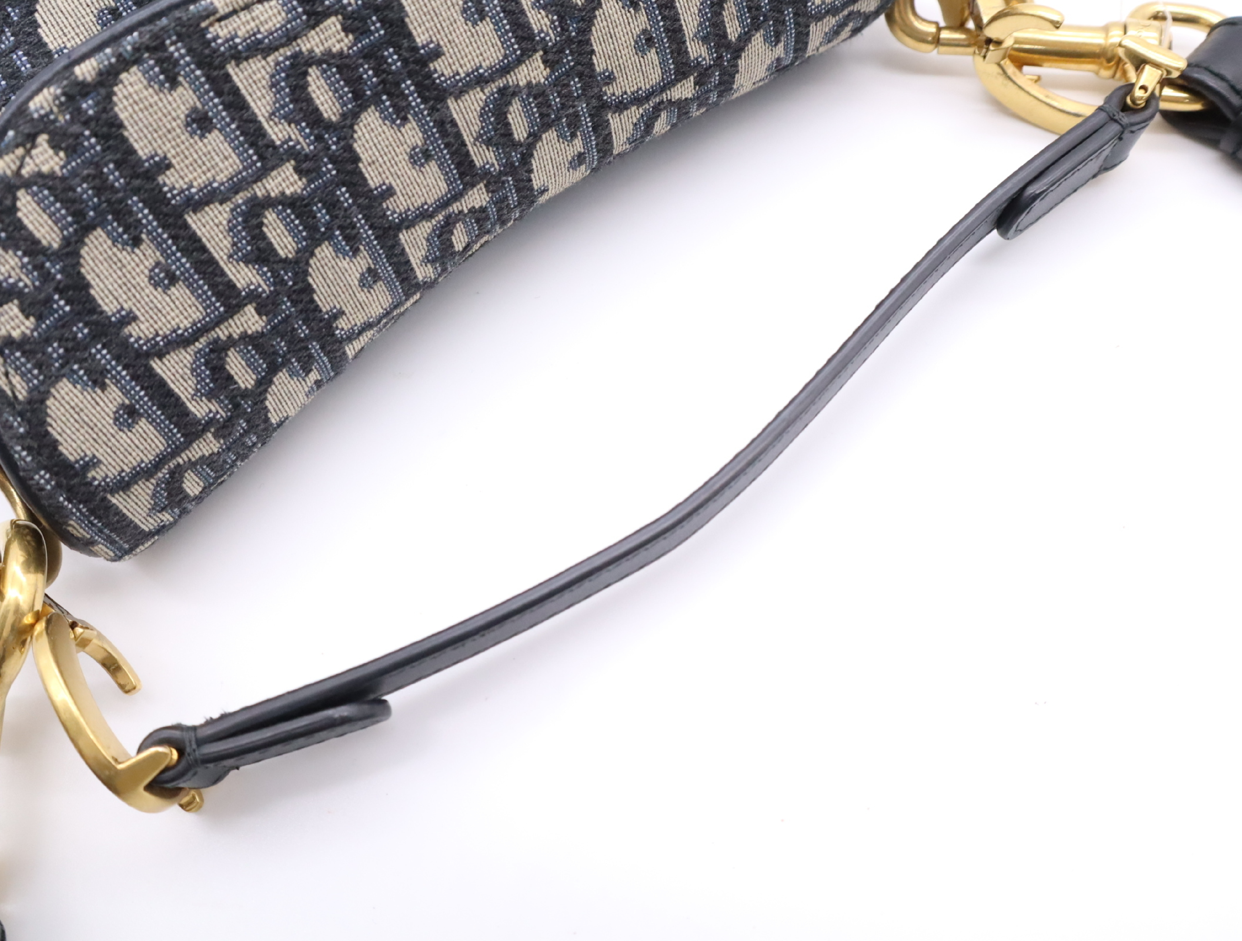 Canvas x Leather Oblique Saddle Bag, Navy, Gold Hardware, with Shoulder Strap, Handbag — view 11